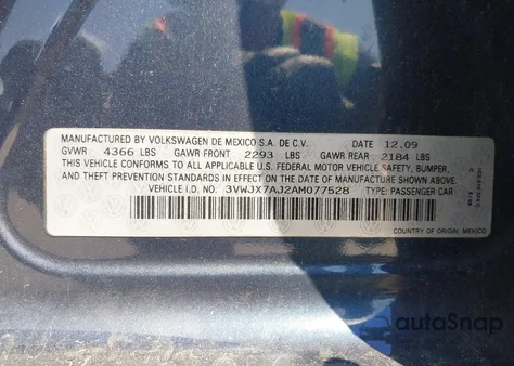 2010 Volkswagen Jetta S из США, поврежденный, VIN 3VWJX7AJ2AM077528